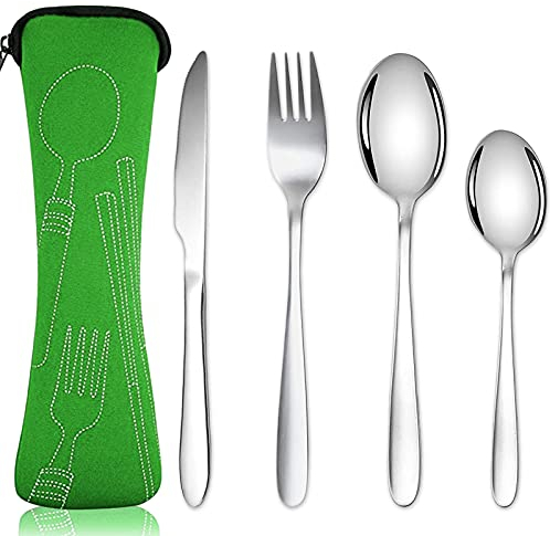 Acehome Cutlery Set with Portable Pouch Case, Stainless Steel Flatware Camping Utensil Set with Neoprene Bag for Outdoor Travel Picnic Office School Lunch Box (4 Pcs Green)