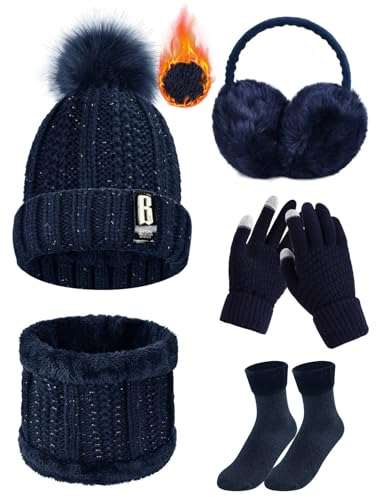 Voqeen Wintermütze Mütze Schal Handschuhe Set Damen Fleecefutter Strickmütze mit Pompon Touchscreen Handschuhe Weiche Wärmer Winter Ohrenschützer Socken Geschenke 5 Sets für Frauen (Navy Blau)