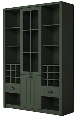 Furniture24 Anrichte Prowansja W2S Schrank 2 türiger Vitrinenschrank mit 2 Schublade und Weinregal für 18 Flaschen Esszimer Highboard Anrichte (Grün)
