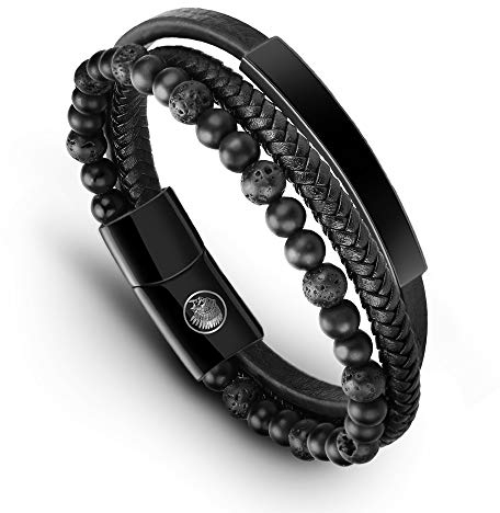 Casisto.J Lederarmband Herren Armband Herren Männer Leder Edelstahl Gravur Schwarz Braun Geflochten mit Magnet Verschluss