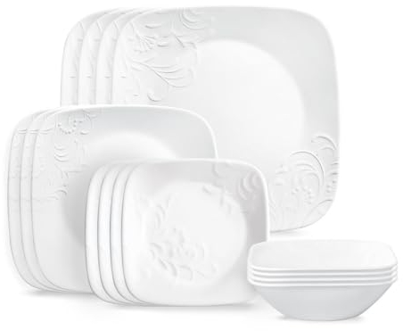 Corelle Cherish 16pc Dinnerware Set, Service for 4, 8 Plates 8 Bowls, Chip & Break Resistant, White Corelleware