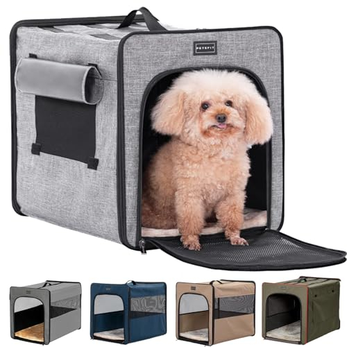 Petsfit faltbar Hundebox, aus kratzfestem Stoff, Hundebox Auto Hundetransportbox für kleine Hunde mit Plüschkissen & Aufbewahrungstasche,Grau,S 53x38x46cm