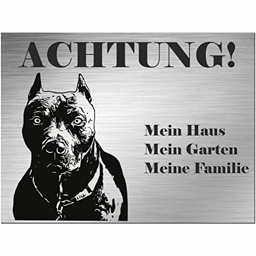 Indigos UG - Schild Pitbull Terrier - bedruckt - Achtung Mein Haus, mein Garten meine Familie - Aluverbundplatte Edelstahl Look - 30x20 cm - Spruch - Deko Geschenkidee - Hund - Zaun - Türschild