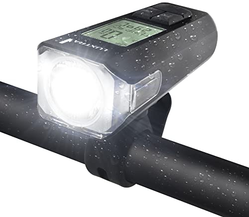 Luxtra Fahrradlampe mit Computer 60 Lux LED – Fahrradlicht - Fahrrad Zubehör - Fahrrad Licht - Fahrradlicht USB aufladbar - Fahrradlicht vorne – Temperatur, Geschwindigkeit Stoppuhr etc.