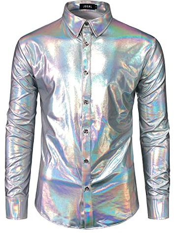 JOGAL Herren Metallic Glänzend Bronzing Nachtklub Party Langarm Hemd SilberShimmer Mittel