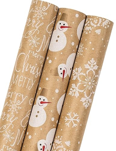 MAYPLUSS Weihnachts-Geschenkpapierrolle aus Kraftpapier – Mini-Rolle – 43,2 x 304,8 cm pro Rolle – weißer Schneemann, Let it Snow Design (42,3 m²)