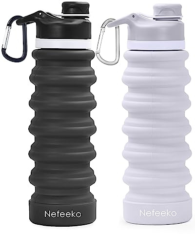 Nefeeko Collapsible Water Bottle, 2 Pack 26oz Silicone Water Bottles | Foldable Leakproof BPA Free Travel Water Bottles with Carabiner, Portable Sport Water Bottle for Hiking Outdoor Indoor Sport