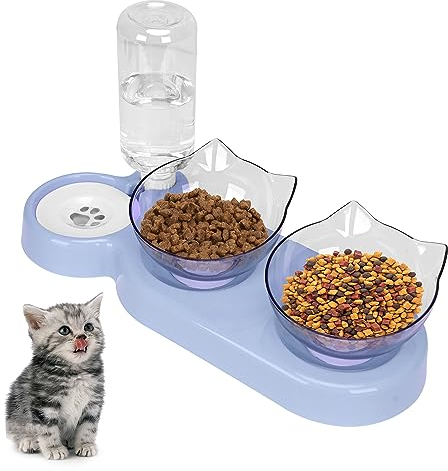Tilted 15° Cat Bowl, Detachable Adjustable Cat Food Bowl with Stand, Cat Floating Water Bowl with Gravity Water Feeder, Anti-spill Pet Food Feeding Bowl for Cat and Puppy (blue)