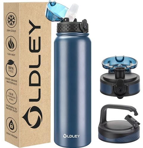 OLDLEY Stainless Steel Water Bottle with Straw 1L Vaccum Insulated Large Drink Flask Metal Water Bottles 1 Litre Leakproof Keep Drinks Hot Cold for Sports Gym with Different Lids(Navy Blue, 3 Lids)