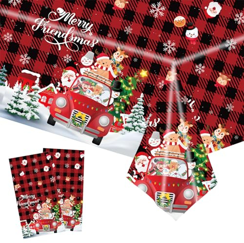 POPOYU 2 Stück Weihnachtstischdecke Rechteck Weihnachten wasserdichte Tischdecke für Tischdekorationen 137x274cm Xmas rot, schwarz Karierten Kunststoff Tischdecke für Weihnachten Winter-Party-Zubehör