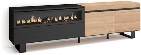 Skraut Home | TV-Schrank, Lowboard | für Wohnzimmer und Esszimmer | 200x57x35cm | Für TV-Geräte bis zu 80 | Elektrokamin. Maße | Industriedesign | Moderner Stil | Eiche Schwarz