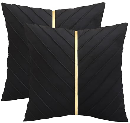 Tosleo Kissenbezüge 2er Set Samt Kissen mit Goldfarbenem Leder Dekokissen 40x40cm Moderne Luxuriös für Sofa Gartenbett Couch Wohnzimmer Sofakissen Bett (schwarz, 40 x 40 cm)