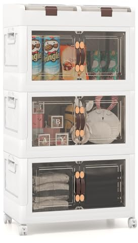 COSTWAY Storage Boxes with Lids, 3/4-Tier Collapsible Plastic Storage Bins with Wheels & Front Opening Magnetic Doors, Stackable Wardrobe Closet Organizer for Living Room Bedroom (3-Tier, 160L)