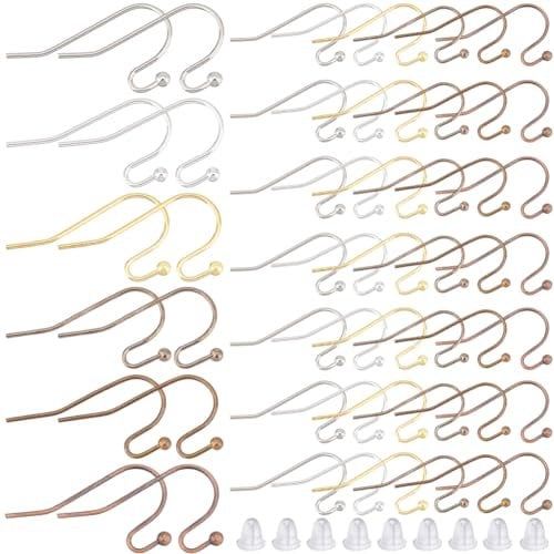 SOFPLATE 1 Box 300Pcs Fish Hook Ear Wires Gold Earring Findings Bulk Silver French Brass Earwires with Plastic Ear Nuts Ball Dot Dangle Earring Hooks for Jewellery Making Supplies DIY Craft Beginner