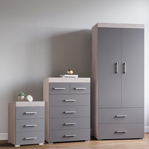 DRP Trading Grey & Grey Oak 3 Piece Bedroom Furniture Set, 3 Drawer Chest, 4+2 Drawer Chest, 2 Door Wardrobe, Complete Bedroom Ensemble, Ideal for Bedroom Organisation, Room Storage, Elegant Decor