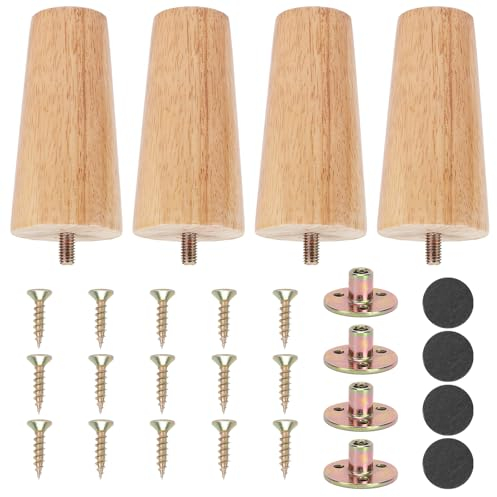 HO2NLE 4 Piezas Conicas Patas de Madera para Muebles de Mesa, Sofa, Reemplazo con Placa de Montaje Tornillos y Protector Antideslizante (10CM)