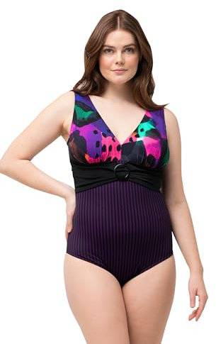 Ulla Popken Damen große Größen Übergrößen Plus Size Badeanzug, Neondruck, Streifen, Softcups, Ring schwarz 58 827619100-58
