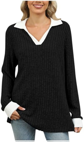 tsaChick Womens Tops Lapel Collar Womens Long Sleeve T Shirts Ladies Blouses Casual Loose Pullover Ribbed Knit Sweaters Jumpers Plus Size Ladies Shirts V Neck Tunic Tops Fall Winter Sweatshirts