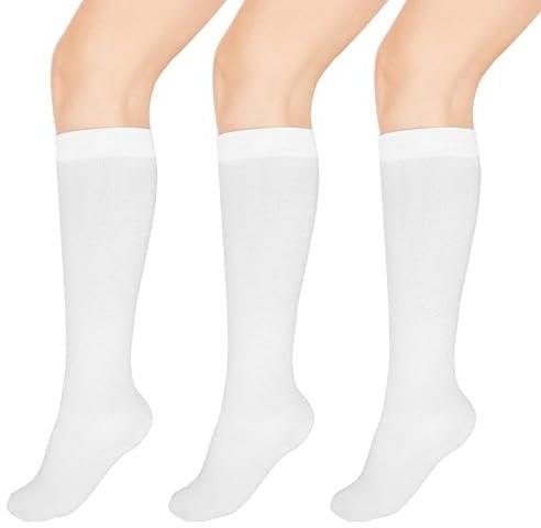Kiiwah 3 Paar Kniestrümpfe Damen, Klassische Strümpfe aus Baumwolle Sportsocken Knee High Socks für Laufen Fußball Cheerleading Sport(Weiß)