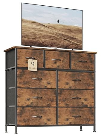 Flrrtenv Chest of Drawer with 9 Drawers, Modern Bedroom Cabinte, 9 Fabric Drawers with Wooden Top, Sturdy Metal Frame, Tall Rustic Brown Hallway Storage Unit