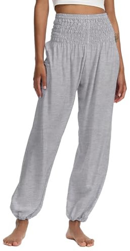 Hanyomo Damen Yoga Haremshose Hohe Taille Mit Tasche Fitness Hose Baumwolle Lockere Workout Jogginghose Hellgrau M