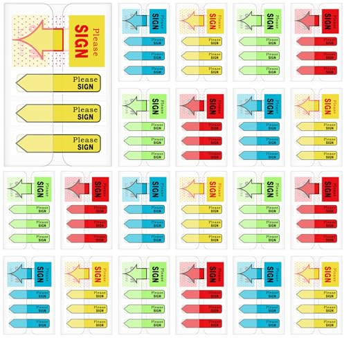 Teling 2000 Pcs/ 20 Packs Sign Here Sign Date Tabs Stickers Colored with Dispenser Arrow Flag Tabs with Dispenser Easy to Post for Notary Books Paper(Stylish Style)