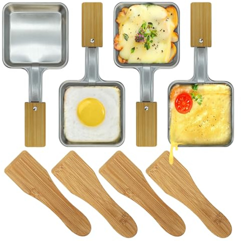 Square Shape Stainless Steel No coating Mini Raclette Grill Pan Cheese Pan Raclette Replacement Mini Grill Pan with bamboo handle(4PCS)