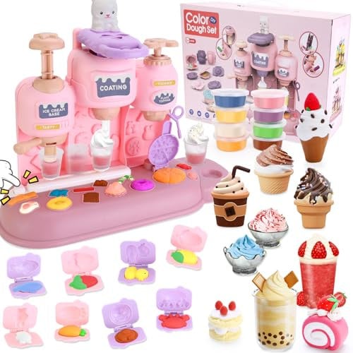 Crelloci 3-in-1 Play Color Dough Set,Ice Cream,Coffee, Smoothies Maker Machine, Kitchen Creations Dough Toys for 3+ Year Old Kids, Arts and Crafts for Girls and Boys