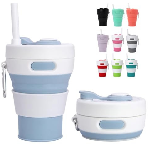 MORAINJAY Collapsible Coffee Cup with Lids,15oz/450ml Light Blue Silicone Portable Reusable Coffee Mug,Foldable Camping Travel Cup Fits in Your Pocket(Collapses to 6cm)