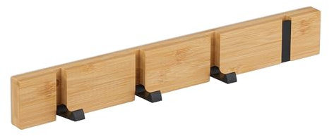 Relaxdays Garderobenleiste, 4 klappbare Haken, Bambus, Metall, zum Bohren oder Kleben, Flur Wandgarderobe, Natur/schwarz