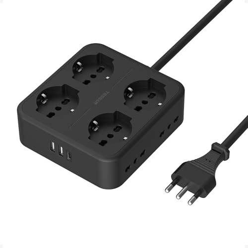 TESSAN Ciabatta Multipresa con USB C, Multiprese Elettriche con 4 Presa Italiano e 4 Schuko, Presa Multipla con Prolunga 2 Metri, Ciabatta Elettrica con Interruttore per Casa, Ufficio, Nero