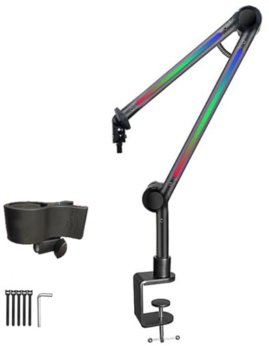 HUANGING Supporto per microfono a LED per gaming, streaming, podcasting, con asta regolabile, illuminazione a LED, 180 ruotabile