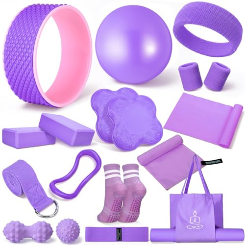 17 Pcs Yoga Essential Kit for Women, Pilates Equipment Starter Set for Beginners with Yoga Wheel Ball Blocks Strap Resistance Bands Wrist Rings Socks Towel & Carry Bag for Home Workouts(Purple)