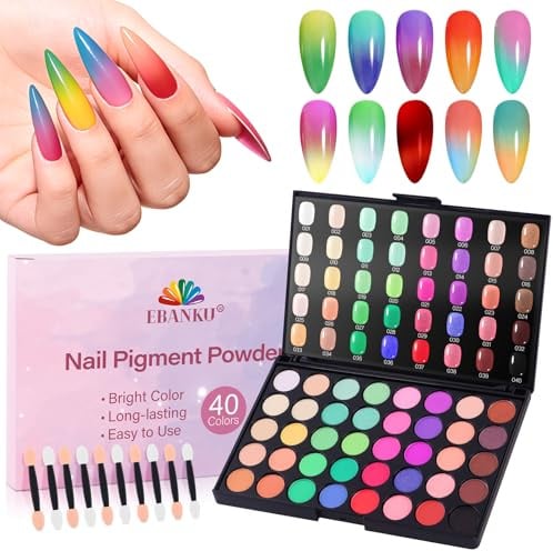 EBANKU 40 Farben Nagelpigmentpulver, Professionelle Acryl Nagelpulver Palette mit Neon und schillernden Farbtönen für Ombré, Farbverlauf, DIY-Maniküre für Zuhause und Salon