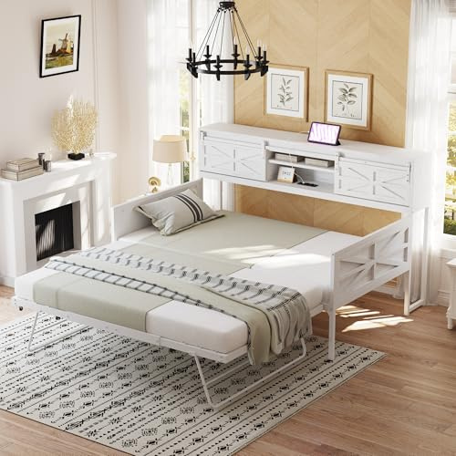 Worletty Tagesbett ausziehbar,Bettsofa,Eisen Sofabett cm, Ausziehbares Sofabett mit Mehreren Ablagefächern und multifunktionalen Steckdosen, Bügeleisen Einzelbett, Teenagerbett (White)