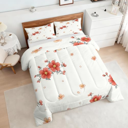 Blumenmuster Bettdecke 135x200 4 Jahreszeiten, Floral Rot Weiß Bettdecke Ohne Bezug Warm Steppdecke Ganzjahresdecke Mit Kissenbezug, Schlafzimmer Deko Blumenmuster (RB0242)