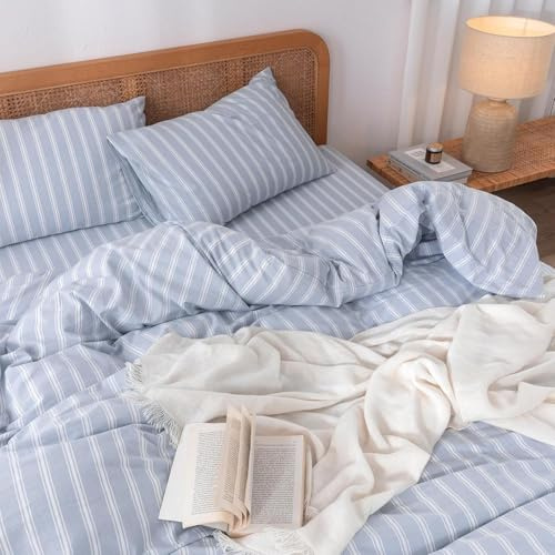 Freyamy Gestreifte Bettwäsche 155x220 Blau Weiß Gestreift Bettwäsche Set | Aesthetic Wendebettwäsche Streifen, 2teilig, Microfaser ÖKO-TEX Bettbezug mit Reißverschluss und 1 Kissenbezug 80x80cm