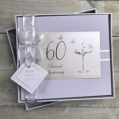 60th Diamond Anniversary, Guest Book, Champagne Glasses | 60th Anniversary Keepsake Book | Hand-Finished Champagne Glasses Plaque | Gift Boxed & Ribbon Tied | Guest Book for Couples