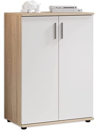 Stella Trading BOBBY Kommode in Eiche Sonoma Optik, weiß - Modernes Sideboard mit viel Stauraum für Ihren Wohnbereich - 60 x 82 x 35 cm (B/H/T)
