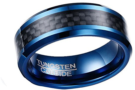 HIJONES Herren 8MM Kohlenstoff Faser Inlay Wolfram Carbide Ring Schwarz und Blau Größe 60