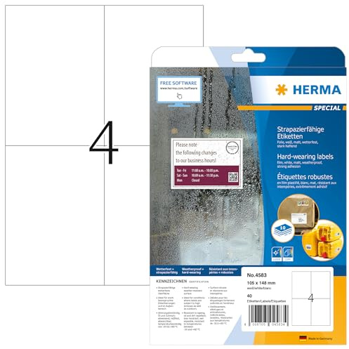 HERMA 4583 Wetterfeste Folienetiketten, 10 Blatt, 105 x 148 mm, 4 pro A4 Bogen, 40 Stück, selbstklebend, bedruckbar, matt, blanko Klebeetiketten Aufkleber aus Folie, weiß
