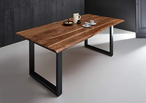 SAM Esszimmertisch 180x90 cm Quintana, echte Baumkante, nussbaumfarben, massiver Esstisch aus Akazienholz, Metallbeine schwarz, Baumkantentisch