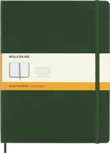 Moleskine Classic Notebook, Taccuino a Righe, Copertina Rigida e Chiusura ad Elastico, Formato XL 19 x 25 cm, Colore Verde Mirto, 192 Pagine