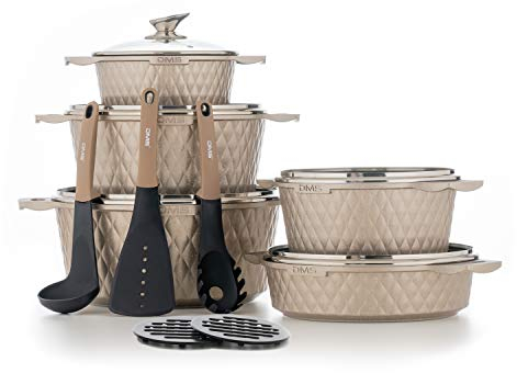 DMS® 15-teilig Induktion Kochgeschirr Kochset Töpfe Kasserolle Suppentopf mit Glasdeckel 3 Küchenutensilien 2 Topfuntersetzer Marbel Beschichtung Spülmaschinengeeignet TSD5015 (Champagner)