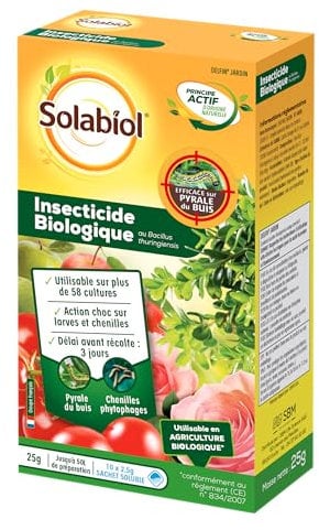 SOLABIOL Insecticide Biologique - Action Choc Sur Larves & Chenilles - Agit Par Ingestion - 25g - 10 Sachets De 2,5g - 50L De Préparation - Utilisable En Agriculture Biologique SOBIOJ25