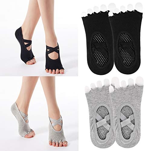 axy Yoga Socken - Pilates Ballet Tanz Fitness Zumba für Frauen – Halbzehen- Damen Stoppersocken – Zehensocken rutschfeste mit Grip (Grau und Schwarz - 2 Paar)