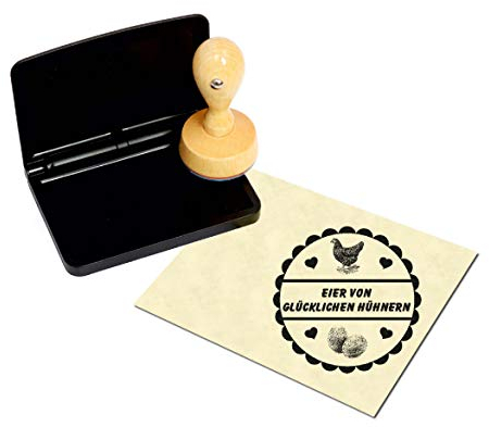 Stempel Eier von glücklichen Hühnern + Stempelkissen Schwarz - Ø 40 mm Herzen 05