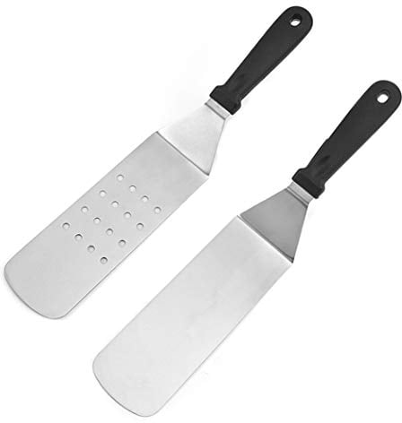 Hoshen 2 sartenes de acero inoxidable Teppanyaki, espátulas de metal ranuradas, hamburguesas de tortitas, teppanyaki y sartén, aptas para lavavajillas, mango de plástico negro