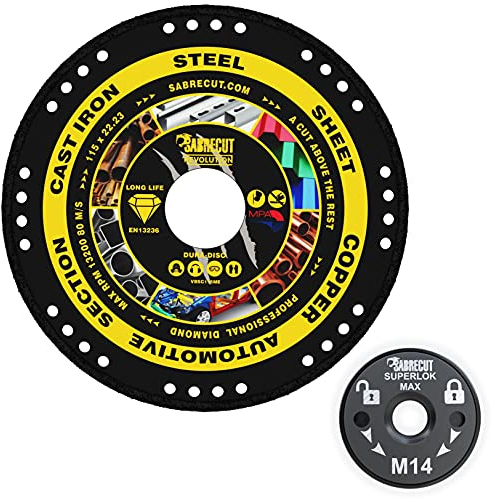 SabreCut VB115MEGRA 115mm (4.5 inch) x 22.23mm Bore Vacuum Brazed Metal Cutting Angle Grinder Diamond Disc Blade and 46mm M14 Quick Change Heavy Duty Grinder Locking Retaining Flange Nut Kit