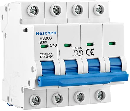 Heschen Miniatur-Leitungsschutzschalter HSB6C, 40 Ampere Strom, 4-polig, Typ C, 6 kA Schaltleistung, DIN-Schienenmontage